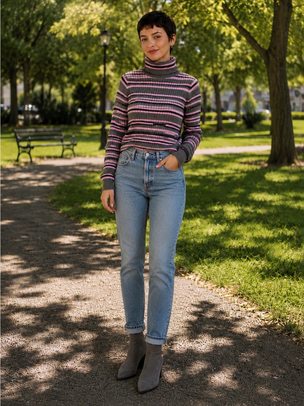 Vintage Jeanne Pierre 100% Cotton Ribbed Turtleneck Sweater L Lavender Stripe
